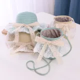 Kids Lace Bow Wide Brim Straw Beach Sunhat With Bucket Bag Set