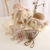 Kids Anti-UV Wide Brim Lace Bow Tie Outdoor Beach Sunhat with Bucket Bag Set