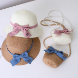 Mommy and Me Anti-UV Pure Color Outdoor Beach Straw Sunhat with Bag Set