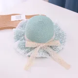 Kids Lace Bow Wide Brim Straw Beach Sunhat With Bucket Bag Set