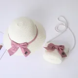 Mommy and Me Anti-UV Pure Color Outdoor Beach Straw Sunhat with Bag Set