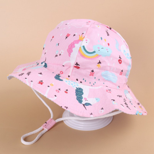 Kids Anti-UV Pink Cartoon Pattern Outdoor Beach Fisherman Hat