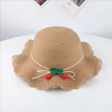 Kids Cartoon Cherry Wide Brim Straw Beach Sunhat With Bucket Bag Set