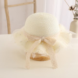 Kids Anti-UV Wide Brim Lace Bow Tie Outdoor Beach Sunhat with Bucket Bag Set