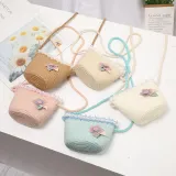 Kids Anti-UV Pearl Lace Outdoor Beach Straw Sunhat with Bag Set