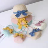 Mommy and Me Anti-UV Pure Color Outdoor Beach Straw Sunhat with Bag Set