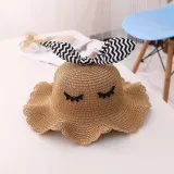 Kids Cartoon Bow Tie with Eyes Wide Brim Straw Beach Sunhat With Bag Set