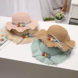 Kids Cartoon Wide Brim Straw Beach Sunhat With Bag Set