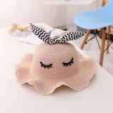 Kids Cartoon Bow Tie with Eyes Wide Brim Straw Beach Sunhat With Bag Set