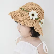 Kids Flower Wide Brim Beach Straw Sunhat