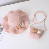 Mommy and Me Anti-UV Cartoon Bear Outdoor Beach Straw Sunhat with Bag Set