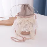 Kids Lace Bow Wide Brim Straw Beach Sunhat With Bucket Bag Set