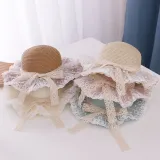Kids Lace Bow Wide Brim Straw Beach Sunhat With Bucket Bag Set
