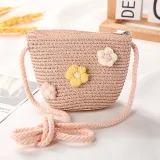 Kids Flower Straw Beach Wide Brim Sunhat With Bag Set