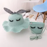 Kids Cartoon Bow Tie with Eyes Wide Brim Straw Beach Sunhat With Bag Set