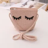 Kids Cartoon Bow Tie with Eyes Wide Brim Straw Beach Sunhat With Bag Set