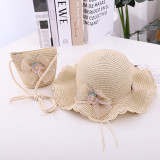 Kids Anti-UV Wide Brim Lace Bow Flower Outdoor Beach Sunhat with Bucket Bag Set