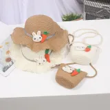 Kids Anti-UV Rabbit and Carrot Outdoor Beach Straw Sunhat with Bag Set