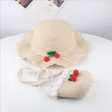 Kids Cartoon Cherry Wide Brim Straw Beach Sunhat With Bucket Bag Set
