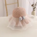 Kids Anti-UV Cute Wide Brim Lace Bow Outdoor Beach Sunhat with Bucket Bag Set