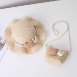 Mommy and Me Anti-UV Cartoon Bear Outdoor Beach Straw Sunhat with Bag Set