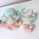 Mommy and Me Anti-UV Cartoon Bear Outdoor Beach Straw Sunhat with Bag Set
