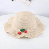 Kids Cartoon Cherry Wide Brim Straw Beach Sunhat With Bucket Bag Set