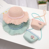 Kids Anti-UV Pearl Lace Outdoor Beach Straw Sunhat with Bag Set