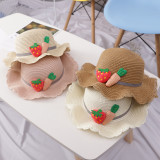 Kids Strawberry Wide Brim Straw Beach Sunhat With Bag Set