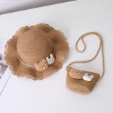 Mommy and Me Anti-UV Cartoon Bear Outdoor Beach Straw Sunhat with Bag Set