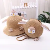 Kids Cartoon Penguin Anti-UV Wide Brim Outdoor Beach Sunhat with Bag Set