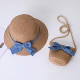 Mommy and Me Anti-UV Pure Color Outdoor Beach Straw Sunhat with Bag Set