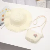 Kids Anti-UV Pearl Lace Outdoor Beach Straw Sunhat with Bag Set