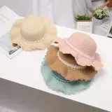 Kids Anti-UV Pearl Lace Outdoor Beach Straw Sunhat with Bag Set