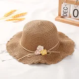Kids Flower Straw Beach Wide Brim Sunhat With Bag Set