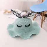 Kids Cartoon Bow Tie with Eyes Wide Brim Straw Beach Sunhat With Bag Set