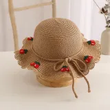 Kids Anti-UV Wide Brim Cherry Pattern Outdoor Beach Sunhat with Bag Set