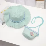 Kids Anti-UV Pearl Lace Outdoor Beach Straw Sunhat with Bag Set