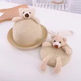 Kids Cute Bear Anti-UV Outdoor Beach Straw Sunhat with Bag Set