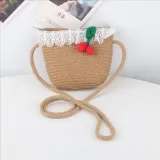 Kids Cartoon Cherry Wide Brim Straw Beach Sunhat With Bucket Bag Set