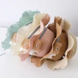 Mommy and Me Anti-UV Cartoon Bear Outdoor Beach Straw Sunhat with Bag Set