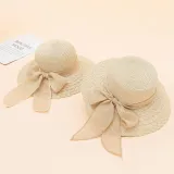 Mommy and Me Anti-UV Bow Tie Wide Brim Outdoor Beach Straw Sunhat