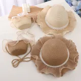 Kids Anti-UV Pearl Lace Outdoor Beach Straw Sunhat with Bag Set