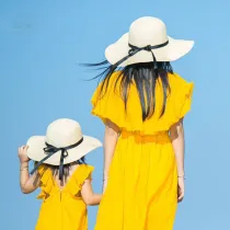 Mommy and Me Bow Tie Wide Brim Outdoor Straw Hat