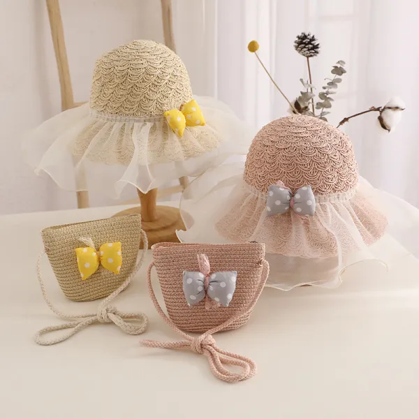 Kids Anti-UV Cute Wide Brim Lace Bow Outdoor Beach Sunhat with Bucket Bag Set