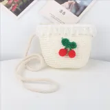 Kids Cartoon Cherry Wide Brim Straw Beach Sunhat With Bucket Bag Set