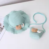 Mommy and Me Anti-UV Cartoon Bear Outdoor Beach Straw Sunhat with Bag Set