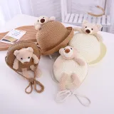 Kids Cute Bear Anti-UV Outdoor Beach Straw Sunhat with Bag Set