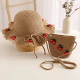 Kids Anti-UV Wide Brim Cherry Pattern Outdoor Beach Sunhat with Bag Set