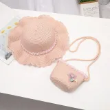 Kids Anti-UV Pearl Lace Outdoor Beach Straw Sunhat with Bag Set